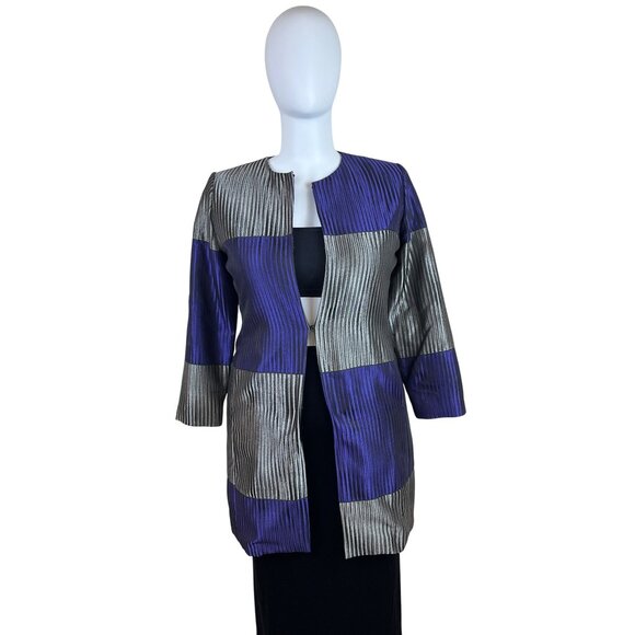 Chico’s Purple & Silver Colorblock Womens Open Front Jacket 3/4 Sleeve Sz 2 - Picture 2 of 11